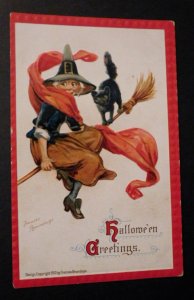 Mint Postcard Halloween Greetings Witch Broom Black Cat