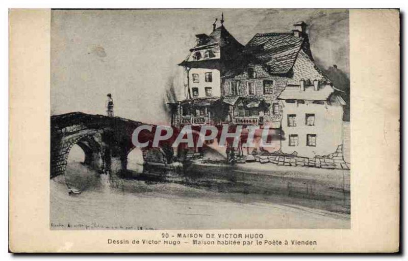 Postcard Old House of Victor Hugo Drawing of Victor Hugo