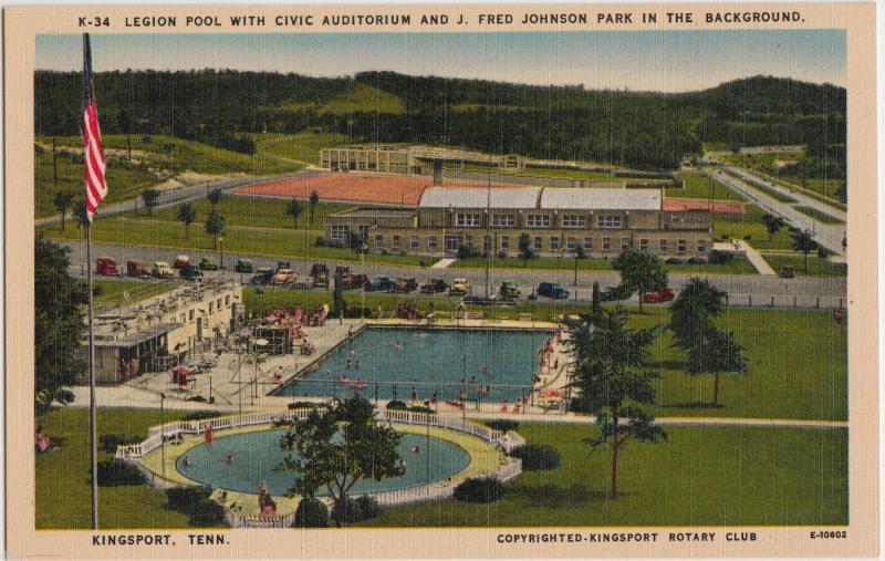 Old KINGSPORT Tennessee Tenn Tn Postcard LEGION POOL Civic Auditorium