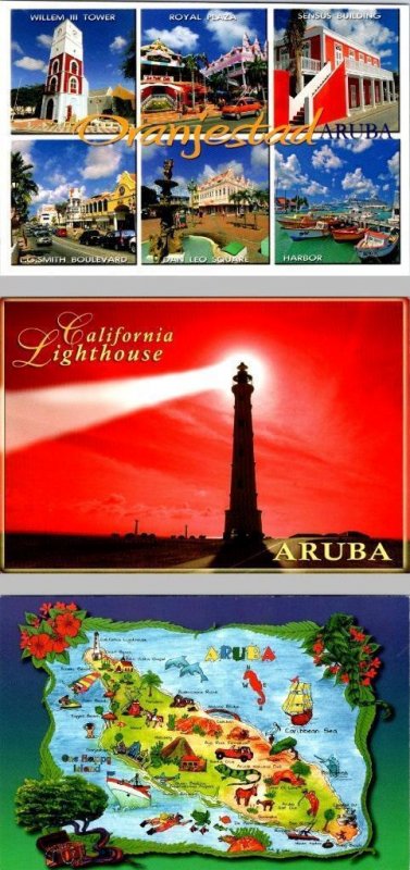 3~4X6 Postcards  Oranjestad, Aruba STREET SCENES~VIEWS & LIGHT HOUSE & MAP CARD