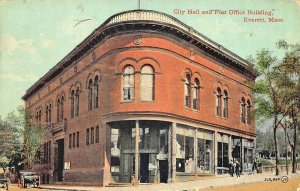 Everett MA City Hall and Post Office Building Storefronts Postcard