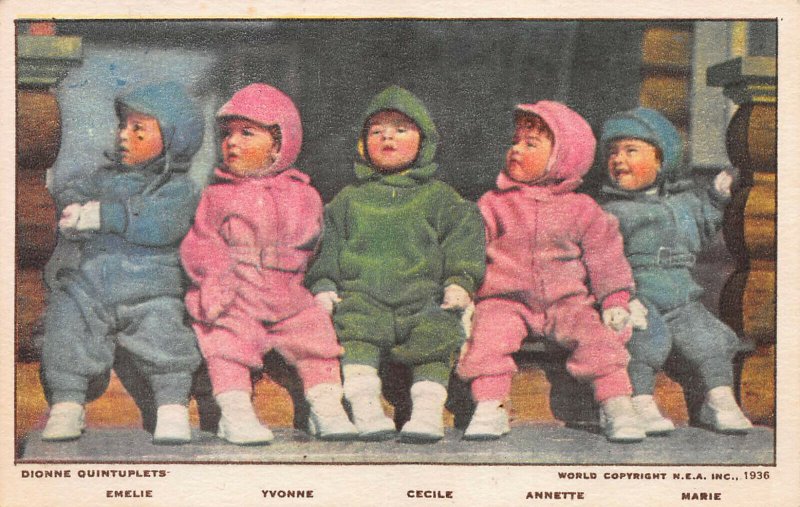 Dionne Quintuplets: Emelie, Yvonne, Cecile, Annette, and Marie,1936 Postcard