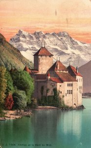Vintage Postcard Chillon Castle Dent du Midi, Geneva Lake Switzerland