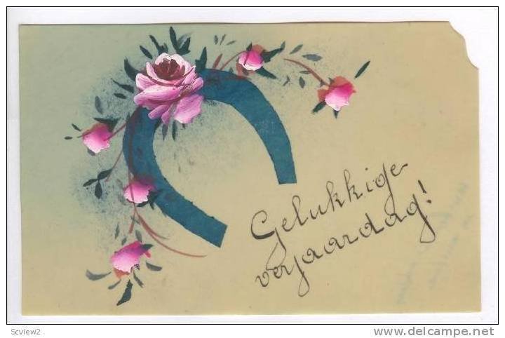 Hand painted Celluloid Postcard, Rose flowers, Horseshoe,  00-10s