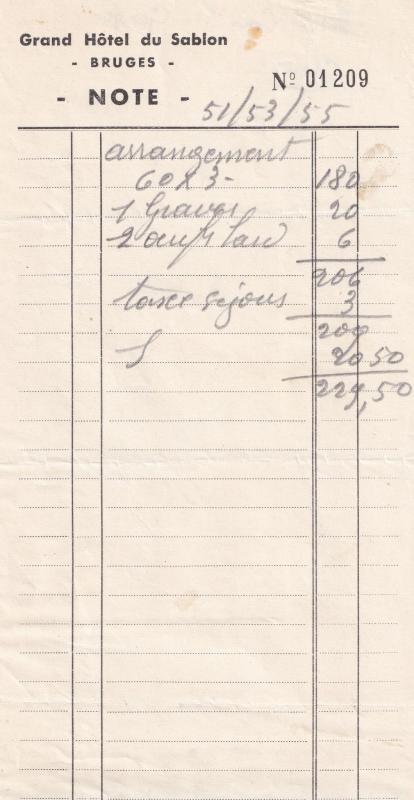 Grand Hotel Du Sablon Bruges 1940s Restaurant Receipt