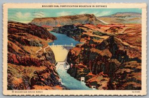 Postcard Boulder Dam Nevada c1936 Fortification Mountain In Distance