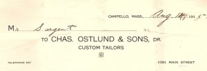 1915 CAMPELLO MASS CHAS. OSTLUND & SONS DR CUSTOM TAILORS BILLHEAD INVOICE Z1089