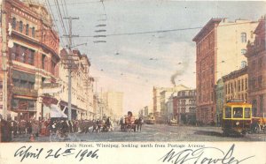 MAIN STREET WINNIPEG CANADA LOOKING NORTH FROM PORTAGE TROLLEY POSTCARD 1906