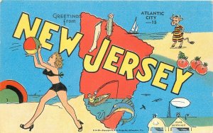 Postcard New Jersey 1940s Large Letters Map attractions Bikini Kropp 23-10983