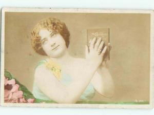 tinted rppc c1910 Risque PRETTY GIRL WITH BARE SHOULDERS AC8931