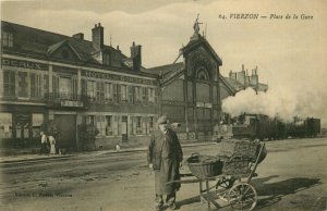 c1910 Train Station Square, Street Vendor - Vierzon France - Vintage Postcard