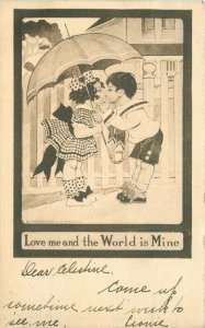 1908 Romance Children umbrella Artist impression Carbon Postcard 22-2226