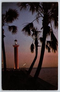 Biloxi Mississippi~Sentinel Lighthouse @ Night~Broadwater Beach Hotel~1950s PC