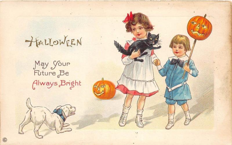 E14/ Halloween Holiday Postcard 339E Girls Jack-O-Lantern Dog Cat 1