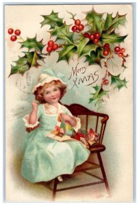 1909 Christmas Girl Quilt Patchwork Berries Nash Embossed Aurora IL Postcard