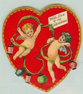 Die Cut Victorian Valentine Card, Cupids Dance w/ Garlands & Japanese Lanterns