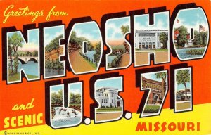 Neosho, Missouri U.S. 71 Large Letter Greetings ca 1940s Vintage Linen Postcard