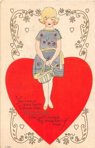 J58/ Valentine's Day Love Holiday Postcard c1910 Pretty Girl Heart 144
