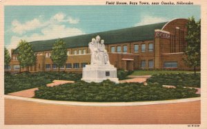 Vintage Postcard Field House Statue In Foreground Boys Town Near Omaha Nebraska