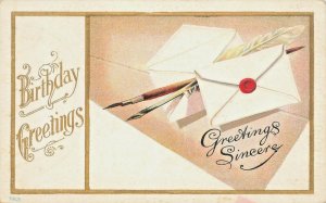 1917 Birthday Postcard  of Envelope w/Wax Seal, Feather Quill Pens Embossed