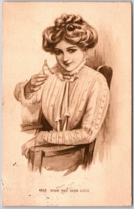 1910's Wish You Good Luck Beautiful Girl Real Painting Posted Postcard