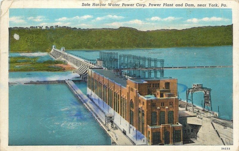 Near York PA~Safe Harbor Water Power Corp~Power Plant & Dam~Aerial View~1940s PC