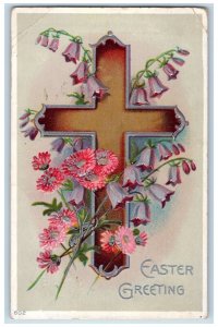 1912 Easter Greeting Silver Cross Purple Flowers Embossed Antique Postcard 