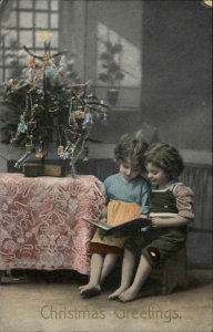 Christmas Boy Girl Children Reading Book Decorated Tree Stool 1900s-20s Vintage