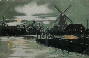c1910 Windmill Silhouette Night View people Postcard 25-10407