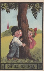 Oh I'll Get Her, Boy winking reaching around tree for girl, 1900-10s