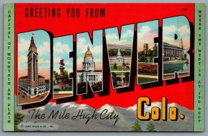 Postcard Denver CO c1940s Greeting You From Denver Large Letter Greeting Views