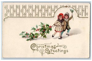 Christmas Postcard Greetings Children Holly Berries Gel Gold Gilt c1910's Posted
