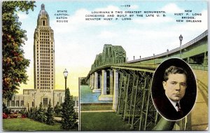 VINTAGE POSTCARD STATE CAPITOL BATON ROUGE AND HUEY P. LONG INSET LOUISIANA