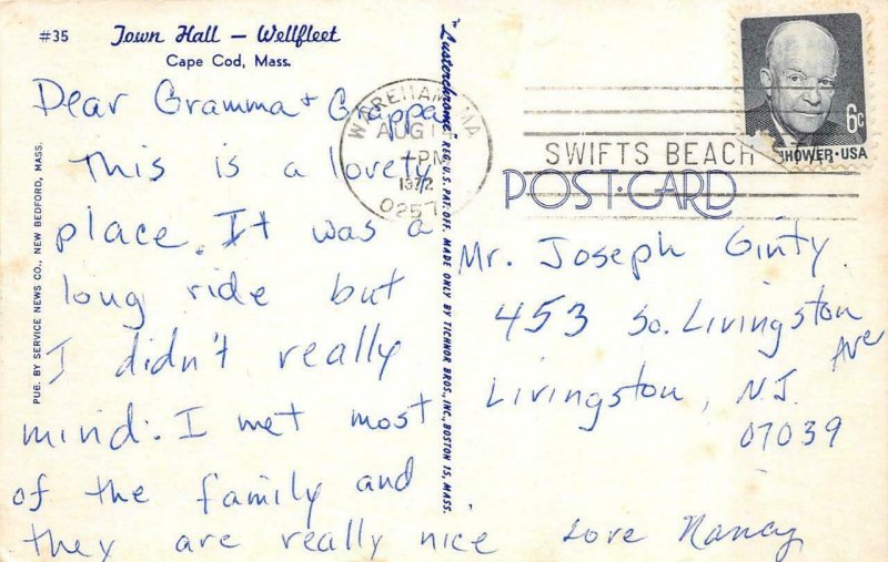 WELLFLEET, Massachusetts MA   TOWN HALL  Cape Cod~Barnstable County  Postcard
