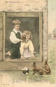 Easter greetings 1906 novelty postcard with flower scent children & rabbits 