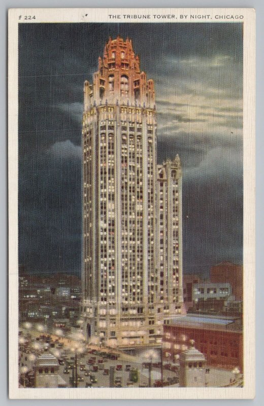 Chicago Illinois~The Tribune Tower By Night~Vintage Postcard 