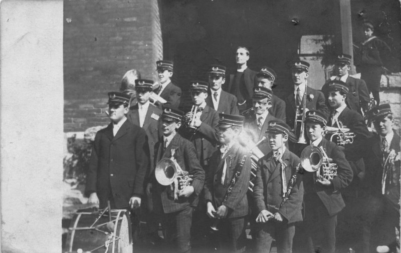 Real Photo Postcard Young Men in a Brass Band in/near Menominee Wisconsin~110109