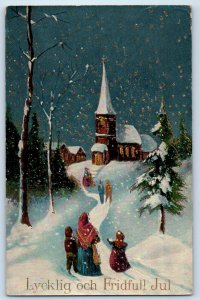Christmas People Going To Church Snow Winter Scene Gel Gold Gilt Posted Postcard