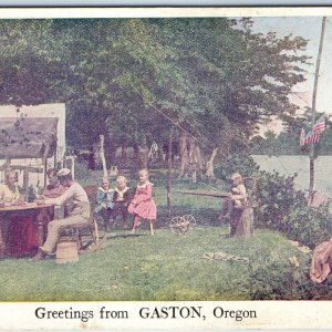 c1910s Gaston, Ore Greetings Lovely Family Camp Site Kids Play Postcard OR A170