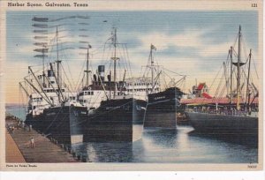 Texas Galveston Harbor Scene With Cargo Ships 1946