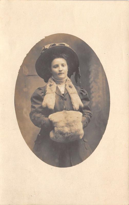 Fort Wayne Indiana~Beautiful Victorian Young Lady~Fur Muff & Stole~Hat~1909 RPPC 