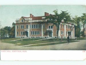 Unused Pre-1907 MAN ON BICYCLE OUTSIDE TOWN HALL Wrentham MA Q1287-23