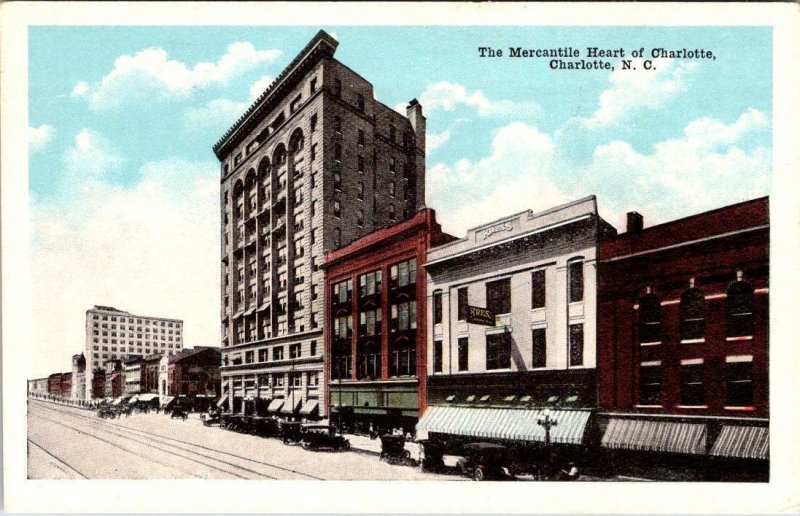 Charlotte NC North Carolina MERCANTILE HEART Street Scene~Kress ca1920s Postcard