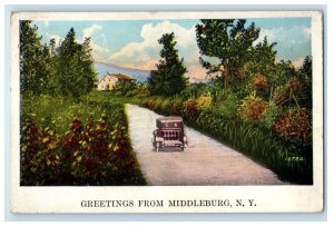 1927 Greetings From Middleburg New York NY, Car Scene Road Vintage Postcard 