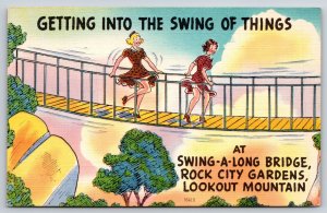 Comic~Lookout Mt TN~Swing Of Things~Ladies On Swinging Bridge~Linen Postcard