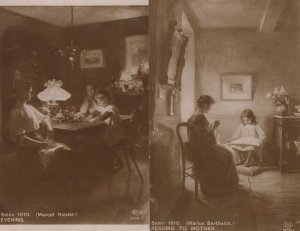 Salon 1910 Reading To Mother 2x French Real Photo Painting Postcard s