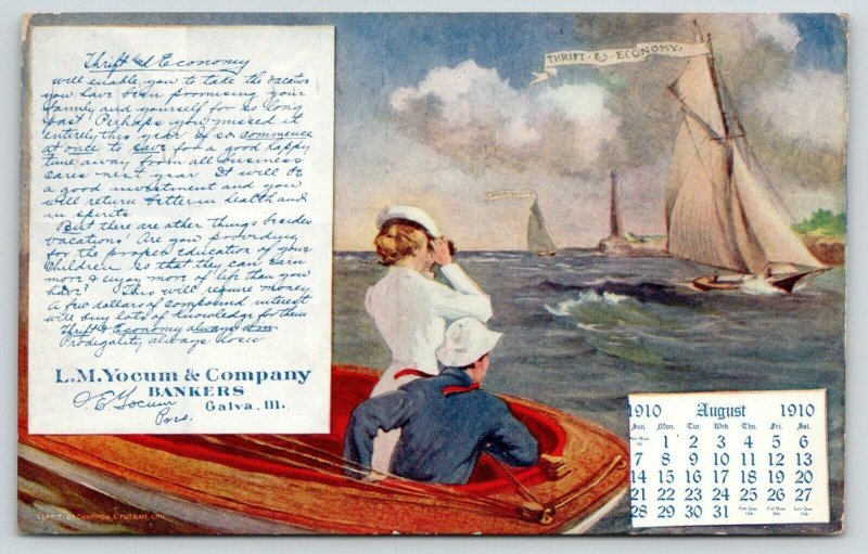 Galva IL~LM Yocum & Co Bankers~Sailboat Couple~Thrift~Aug 1910 Calendar~Adv PC 