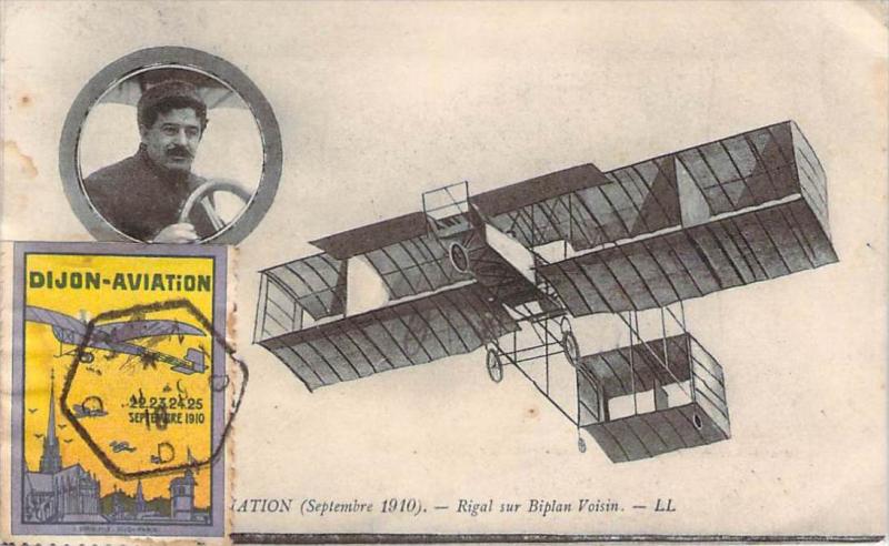 Aviation - Dijon Aviation Septembre 1910, Rigal sur son Biplan Voisin (timbre...