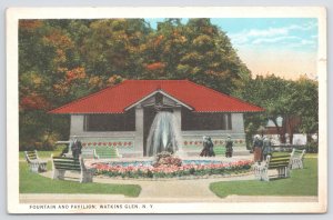 State View~Fountain & Pavilion @ Watkins Glen New York~Vintage Postcard