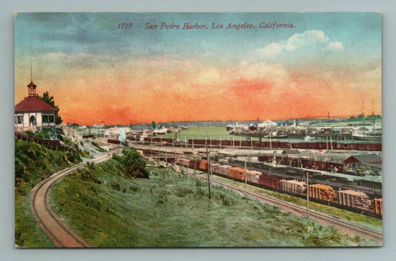 San Pedro Harbor Los Angeles Railway Railroad Train Bay California Postcard 